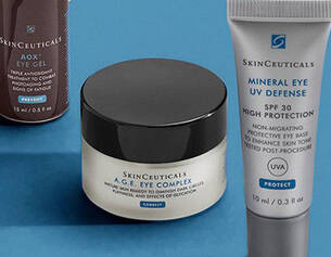 Skincare products from SkinCeuticals: AOX Eye Gel, A.G.E Eye Complex, and Mineral Eye UV Defense on a blue background.