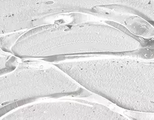 Close-up of clear gel with a smooth texture, layered over a light-colored, textured surface.