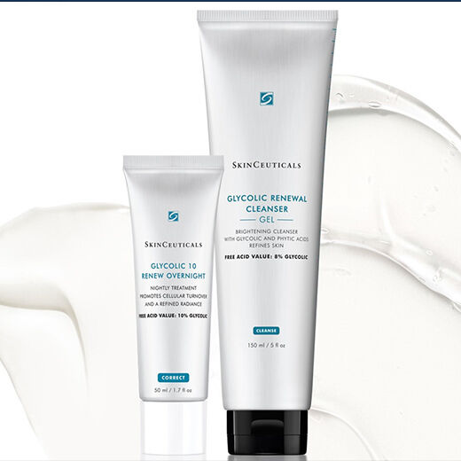 A skincare product display featuring two tubes: Glycolic 10 Renew Overnight treatment and Glycolic Renewal Cleanser Gel from SkinCeuticals, with a creamy background.