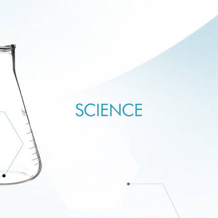 Alt text: A minimalist design featuring various laboratory glassware, including a beaker, flask, test tubes, and vials, set against a soft blue background.