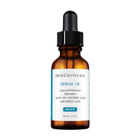 A brown glass dropper bottle of SkinCeuticals Serum 10, featuring a white label with product details and a black cap.