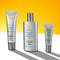 Three tubes of sunscreen from SkinCeuticals are displayed against a bright yellow background. The products include a mineral matte UV defense sunscreen with SPF 30, a mineral broad-spectrum sunscreen with SPF 50, and a smaller sunscreen tube.