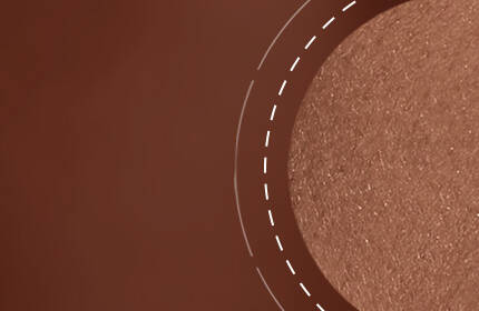 Close-up of a circular, shimmery bronze texture on a warm brown background, with subtle highlights and shadows.
