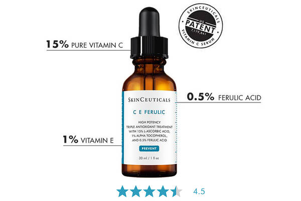 C E Ferulic contains 15% pure vitamin c, 0.5% ferulic acid and 1% vitamin e