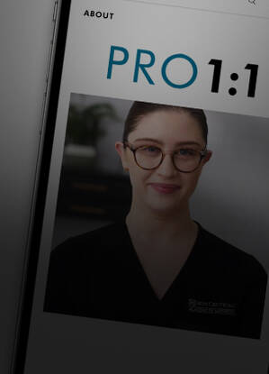 A woman in a black medical uniform smiles at the camera, featured on a SkinCeuticals webpage with PRO 1:1 text