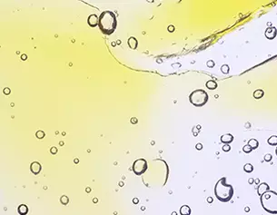 Close-up of bubbles in a vibrant yellow and clear liquid, creating an abstract and dynamic visual effect.