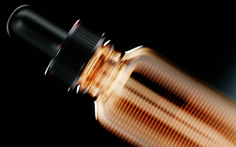 A blurred amber glass dropper bottle against a dark background, suggesting movement or speed.