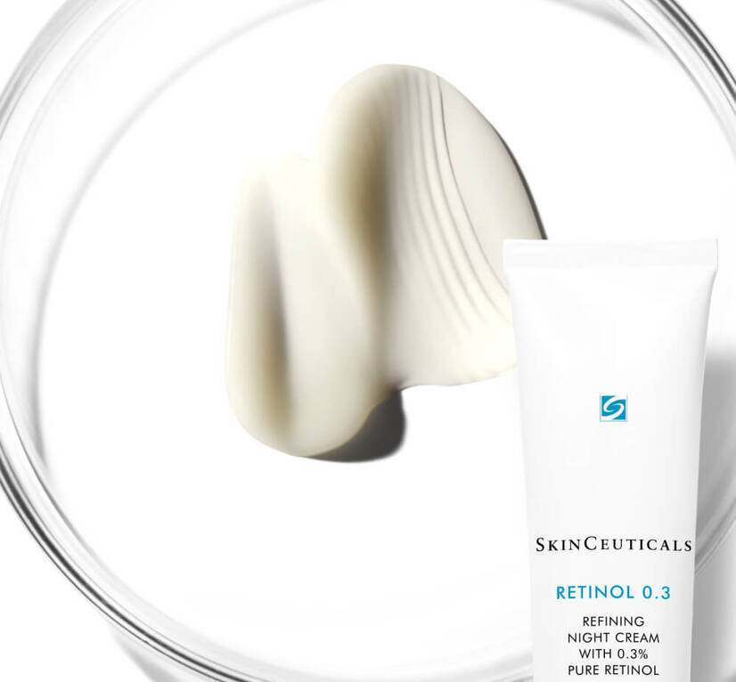 A close-up of SkinCeuticals Retinol 0.3 night cream, showing a textured cream swatch and the product tube.