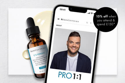 An image featuring a bottle of SkinCeuticals C E Ferulic serum, a smartphone displaying the brand's website, and a promotional message offering 15% off when spending £150.