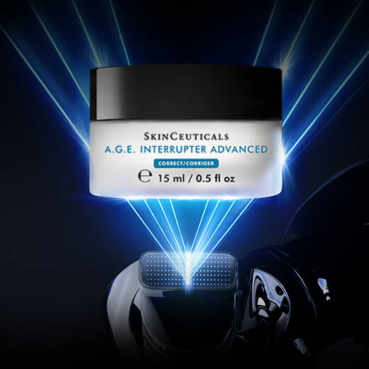A bottle of SkinCeuticals C E Ferulic serum is featured against a dark background, with dynamic red and gray abstract shapes surrounding it, highlighting its 20-year anniversary.