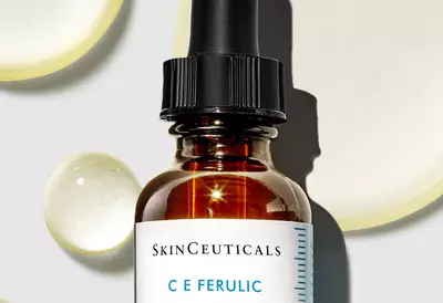 Close up of ferulic acid ingredient - golden coloured molecules