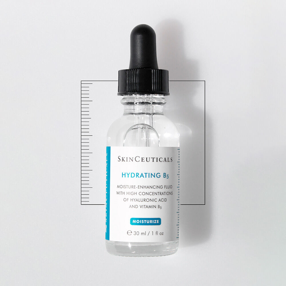 A bottle of SkinCeuticals Hydrating B5 serum, featuring hyaluronic acid and vitamin B5, on a neutral background.