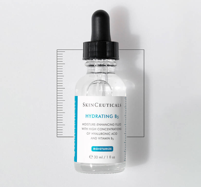 A bottle of SkinCeuticals Hydrating B5 serum, featuring hyaluronic acid and vitamin B5, on a neutral background.