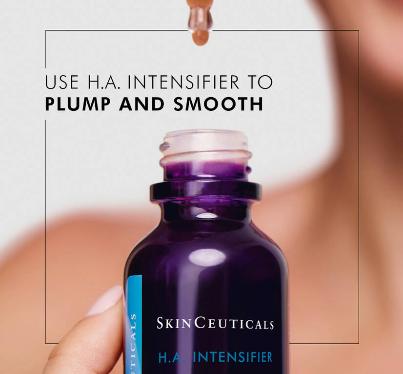 Woman dropping H.A. Intensifier serum formula from a pipette, back into the bottle. Woman is blurred in background, with the serum in focus. Text reads “Use H.A. Intensifier to plump and smooth”.