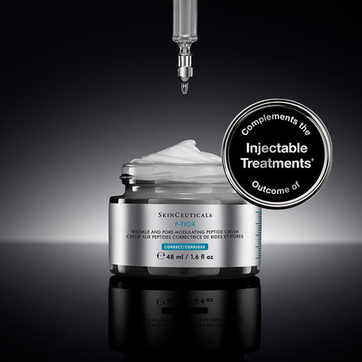 A bottle of SkinCeuticals C E Ferulic serum is featured against a dark background, with dynamic red and gray abstract shapes surrounding it, highlighting its 20-year anniversary.