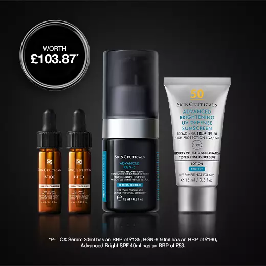 A bottle of SkinCeuticals C E Ferulic serum is featured against a dark background, with dynamic red and gray abstract shapes surrounding it, highlighting its 20-year anniversary.