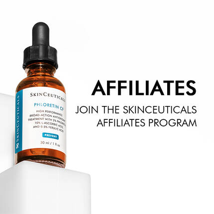A bottle of Skinceuticals product displayed alongside the text "AFFILIATES" and "JOIN THE SKINCEUTICALS AFFILIATES PROGRAM."