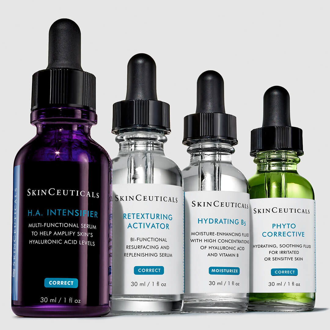 Four skincare serums from SkinCeuticals, including H.A. Intensifier, Retexturing Activator, Hydrating B5, and Phyto Corrective.