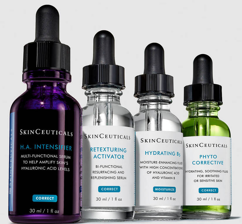 Four skincare serums from SkinCeuticals, including H.A. Intensifier, Retexturing Activator, Hydrating B5, and Phyto Corrective.