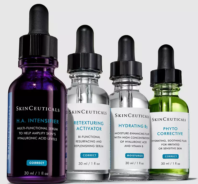 Four skincare serums from SkinCeuticals, including H.A. Intensifier, Retexturing Activator, Hydrating B5, and Phyto Corrective.