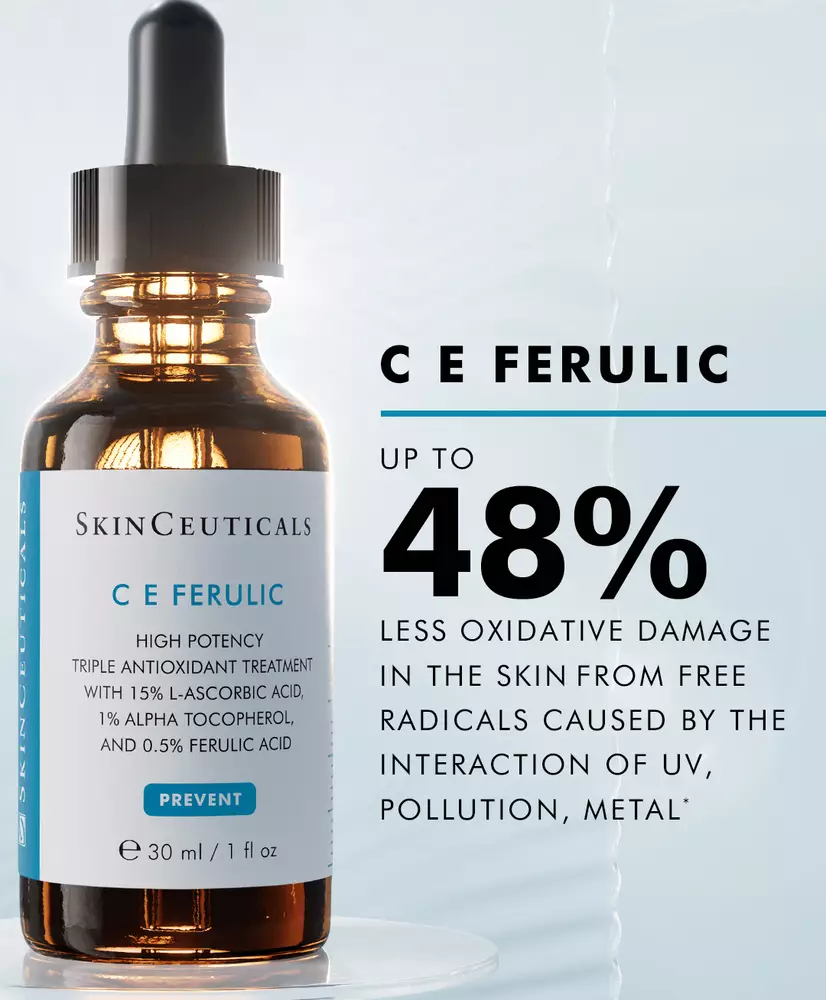 C E Ferulic serum on a clear, thin podium, against a pale blue background. Text reads: C E Ferulic. Up to 48% less oxidative damage in the skin from free radicals caused by the interaction of UV, pollution, metal*. *Measure of 4 hydroxynonenal (4HNE) lipid peroxidation marker indicative of oxidative stress. 4-day in vivo clinical study, 13 subjects. C E Ferulic applied daily vs untreated. Skin samples collected for 4HNE protein analysis at the end of study.