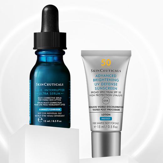 A bottle of SkinCeuticals C E Ferulic serum is featured against a dark background, with dynamic red and gray abstract shapes surrounding it, highlighting its 20-year anniversary.