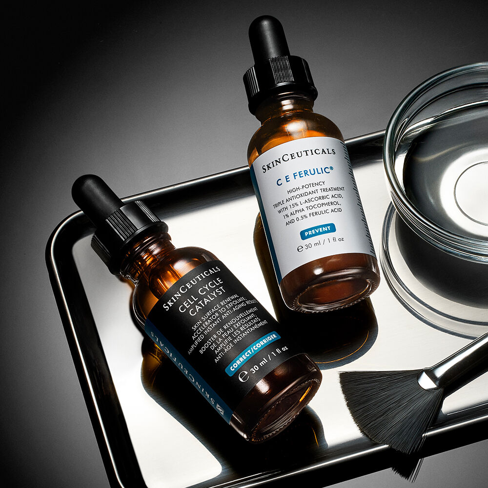  Cell Cycle Catalyst, C E Ferulic, and an aesthetic fan brush on a silver tray”. 