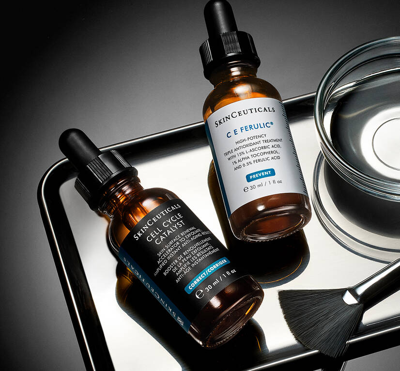 Cell Cycle Catalyst, C E Ferulic, and an aesthetic fan brush on a silver tray”.