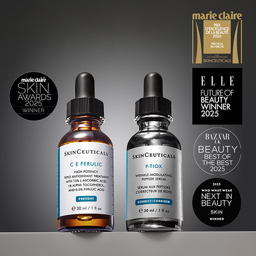 A bottle of SkinCeuticals C E Ferulic serum is featured against a dark background, with dynamic red and gray abstract shapes surrounding it, highlighting its 20-year anniversary.